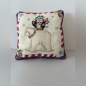 Handmade Festive Holiday Pillow with Penguin and Polar Bear 8x8